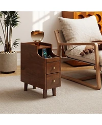 Gymax Solid Wood End Table w/ Pull-out Tray and 2 Storage Drawers Cable Management