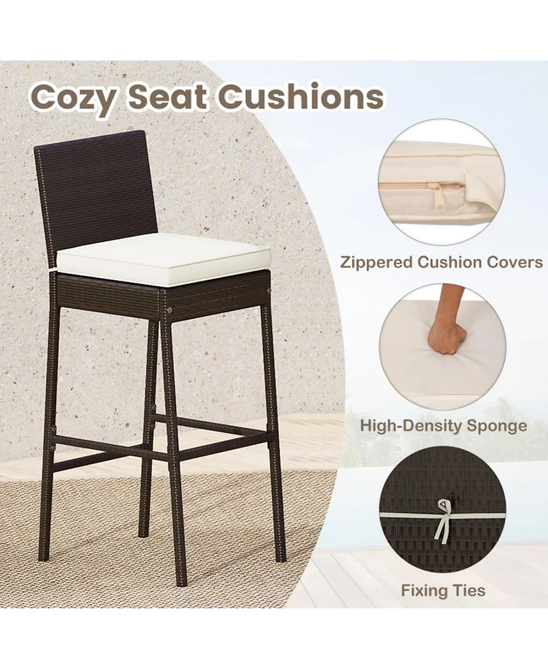 Sugift 3 Piece Outdoor Bar Set with Pe Wicker Stools, Tempered Glass Table and Cushions