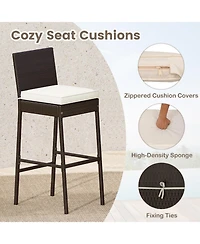 Sugift 3 Piece Outdoor Bar Set with Pe Wicker Stools, Tempered Glass Table and Cushions