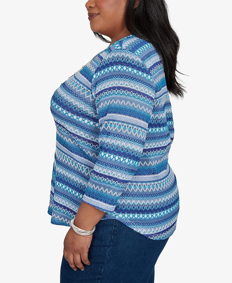 Alfred Dunner Plus Classic Textured Stripe Knit Top with Necklace
