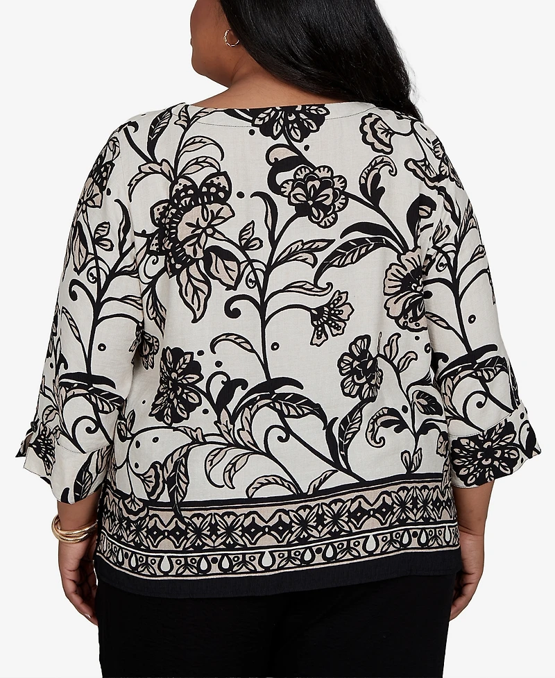 Alfred Dunner Plus Travel Advisory Scroll Border Top with Necklace