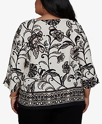 Alfred Dunner Plus Travel Advisory Scroll Border Top with Necklace