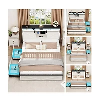 Lucky One Full Size Farmhouse Bed Frame with Storage Headboard, 2 Drawers, Usb Charging Station, Led Lights, Wooden Slats, No Box Spring Needed