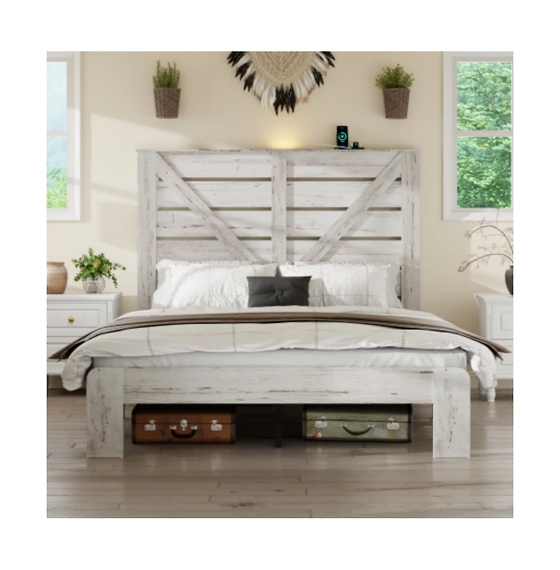 Lucky One Queen Size Wood Platform Bed Frame with Heavy Duty Metal Frame, Industrial Style, Steel Slats, No Box Spring Needed