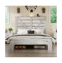 Lucky One Queen Size Wood Platform Bed Frame with Heavy Duty Metal Frame, Industrial Style, Steel Slats, No Box Spring Needed