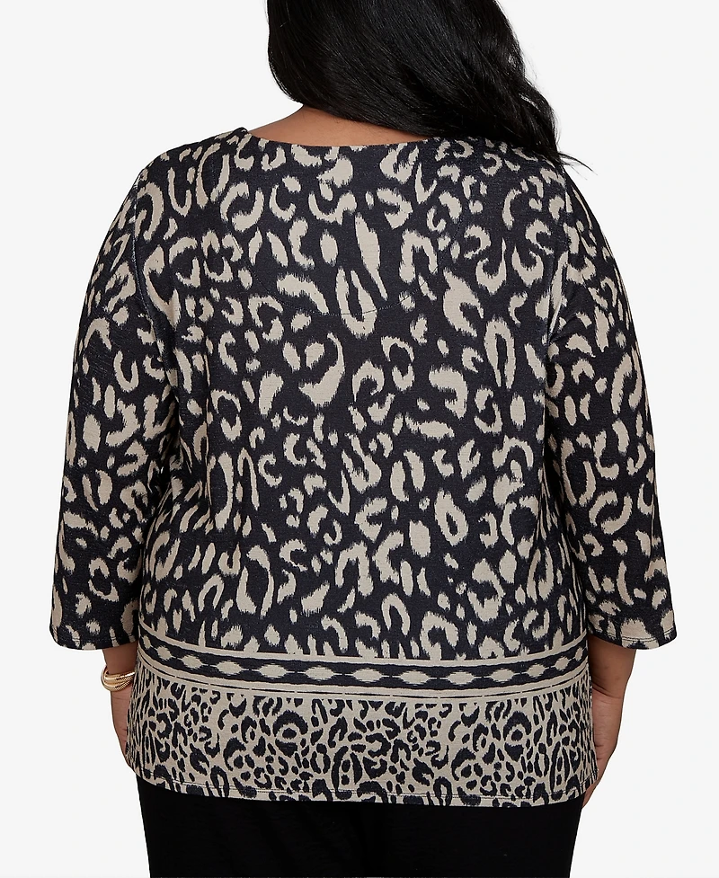 Alfred Dunner Plus Travel Advisory Animal Print Split Neck Knit Top