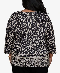 Alfred Dunner Plus Travel Advisory Animal Print Split Neck Knit Top