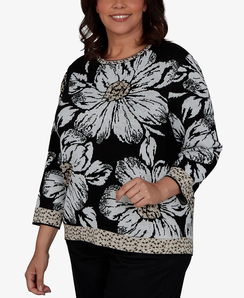 Alfred Dunner Plus Travel Advisory Dramatic Ink Floral Sweater