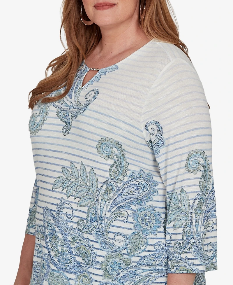 Alfred Dunner Plus Provence Paisley Stripe Split Neck Top
