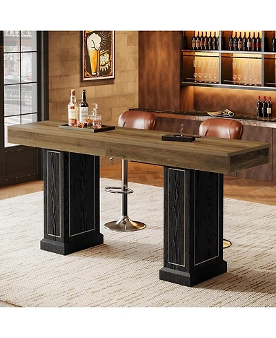 Tribesigns 70.9" Extra Long Bar Table For 6-8: Rustic Counter Height Pub Table with Dual Pedestal Base for Home Bar, Kitchen, Game Room