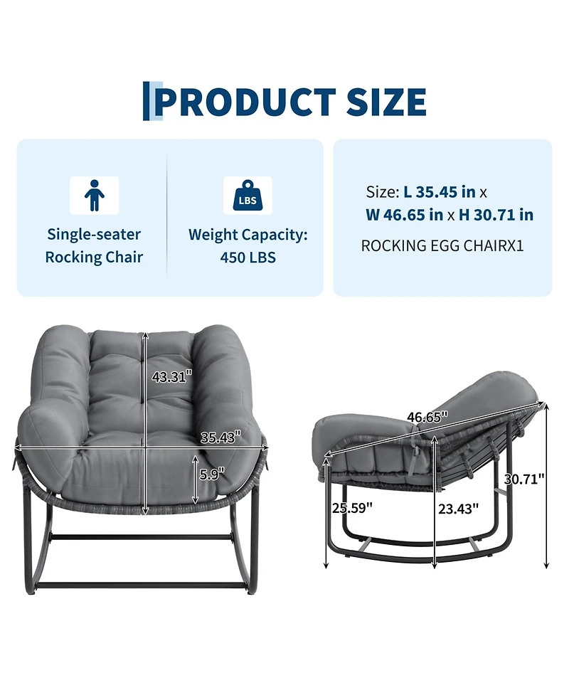 GarveeLife Oversized Egg-Shaped Patio Rocking Chair, All-Weather Wicker Outdoor Chair, Soft Removable Cushion, Reinforced Rattan Frame