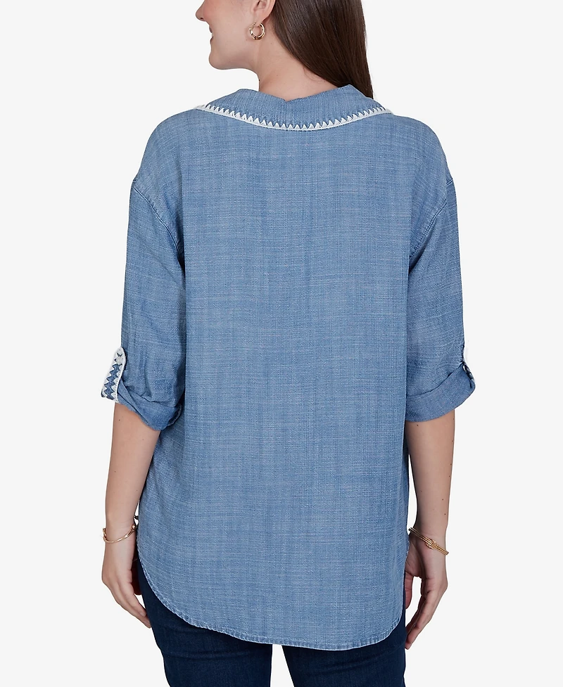 Ruby Rd. Petite Crochet Trim Soft Button-Front Top
