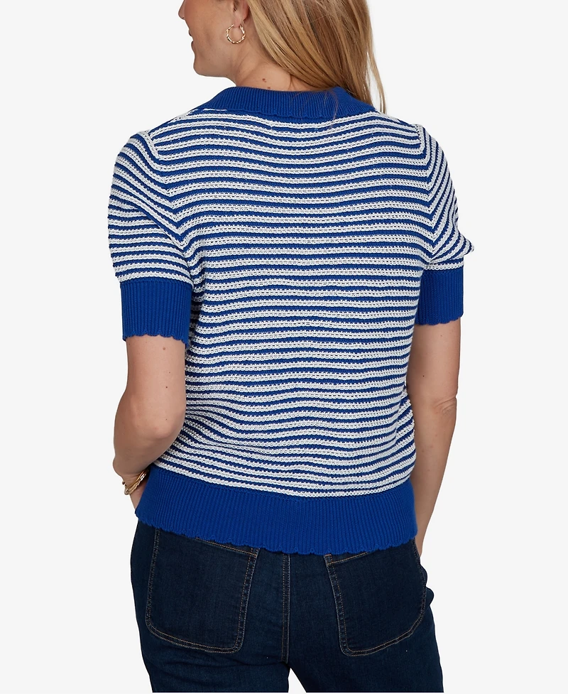 Ruby Rd. Petite Two-Tone Collared Elbow-Sleeve Sweater