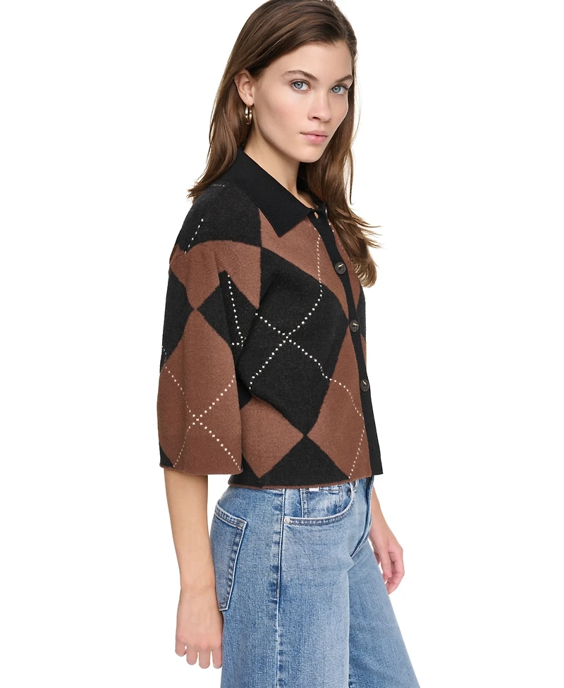 Dkny Jeans Petite Argyle Button-Front Sweater
