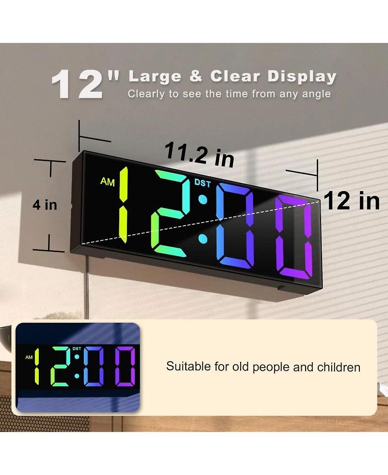 Jall 12 Inch Large Digital Wall Clock with Rgb Colors Auto Dst Night Light Perfect for Bedroom Classroom Gift Elderly