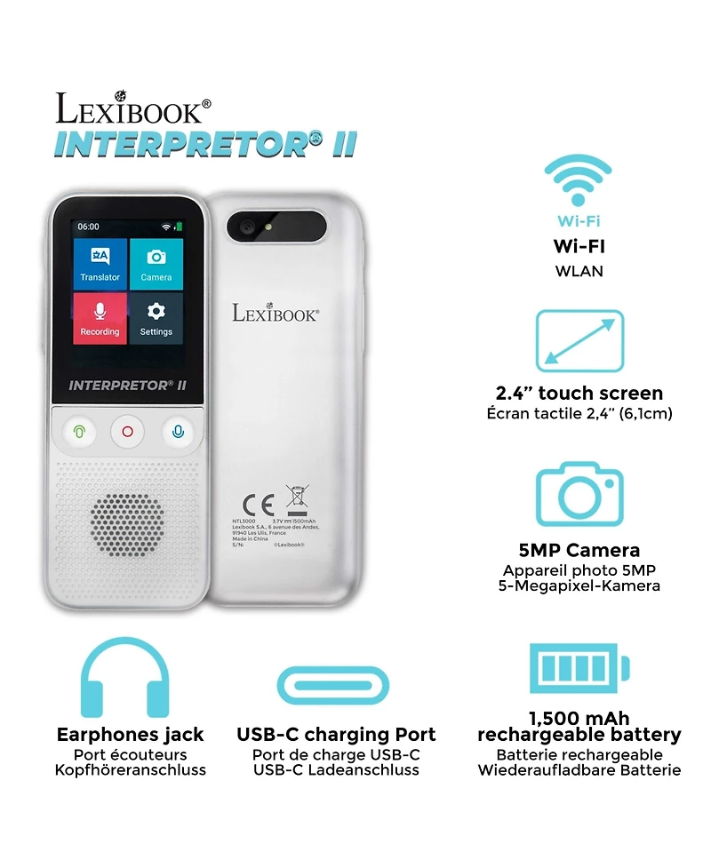 Lexibook , Interpretor 2 Instant Voice Translator, 137 Languages, Photo and Memo Translation, Earphones Jack, Wi-Fi and Offline, NTL3000
