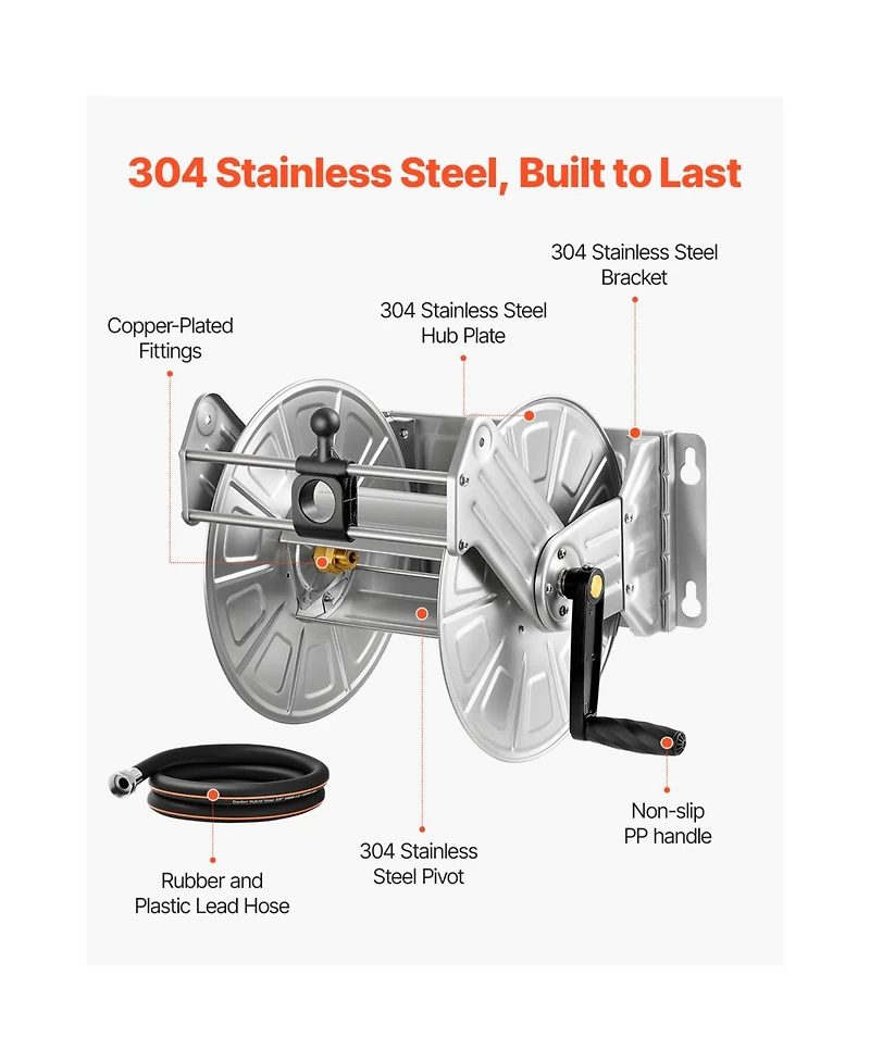 Vevor Wall Mounted Garden Hose Reel 150ft 5/8 in Hose Winder Brass Fitting Hose Guide