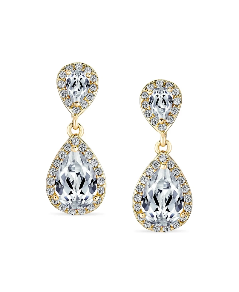 Bling Jewelry Cocktail Cubic Zirconia Cz Double Solitaire Teardrop Dangle Earrings Gold Plated