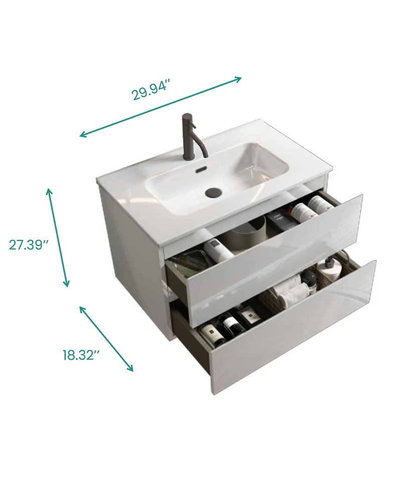 Streamdale Furniture 30" Glossy Wall Mount Vanity With Ceramic Sink