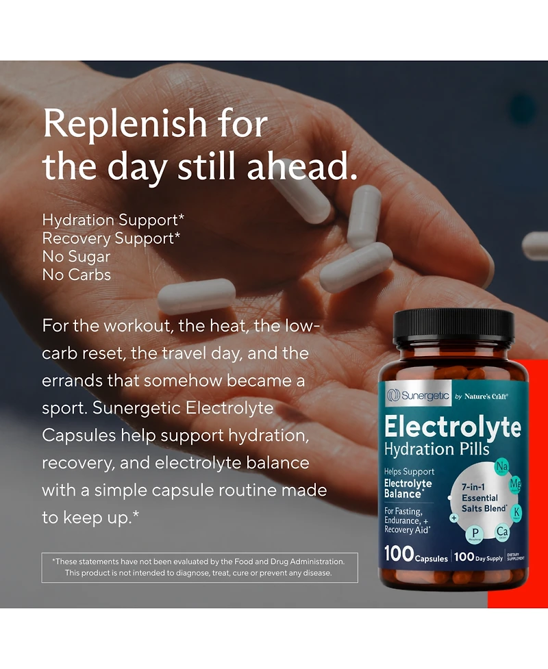 Sunergetic Electrolyte Capsules with Potassium, Magnesium, Calcium and Sodium, Keto-Friendly, Vegetarian, 100 Count