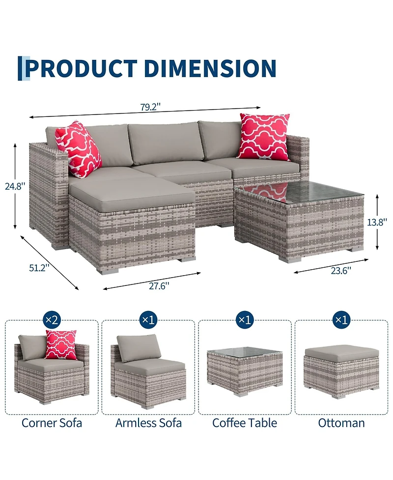 gaomon Adult 5 Piece Patio Furniture Set- Pe Rattan Sectional Sofa- Outdoor Conversation Seating
