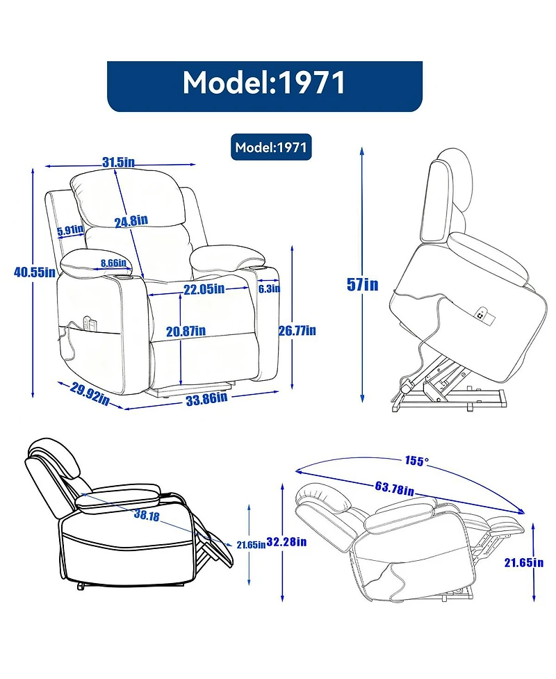 Streamdale Furniture Chenille Power Lift Recliner Chair, 350 Lbs Capacity, 8 Point Massage, Heating