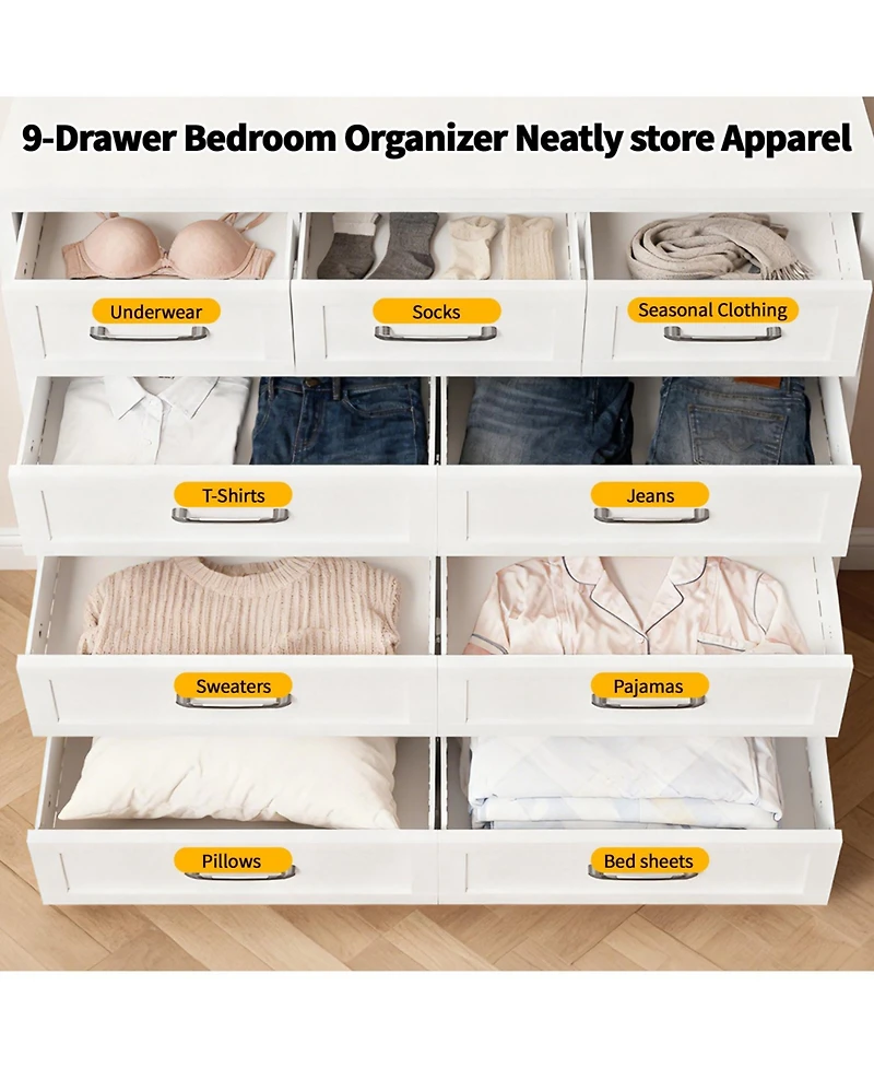 Rainsken 9-Drawer Dresser, Metal Profile Chest of Drawers, with Smooth Gliding Drawers, Storage Cabinet for Closet, for Bedroom,Living Room,Entryway