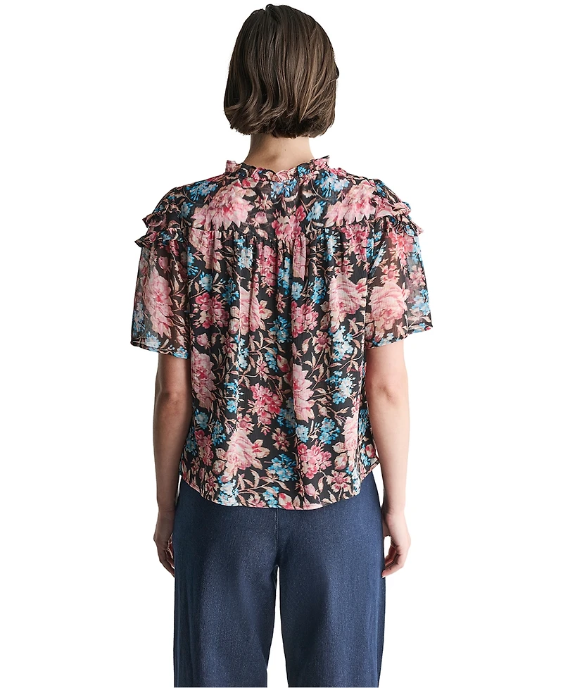 Bcbg Women's Printed Short-Sleeve Ruffle Detail Blouse