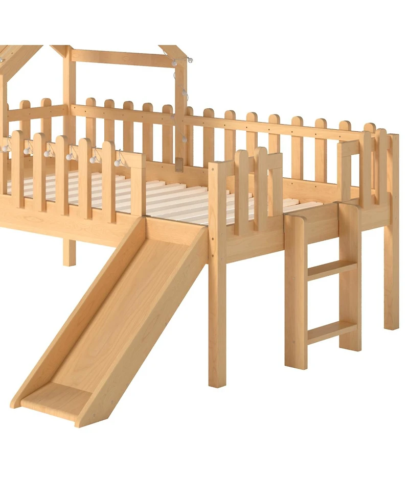 Streamdale Furniture Loft Bed with Slide, Playhouse, Stars, Window, Led Lights