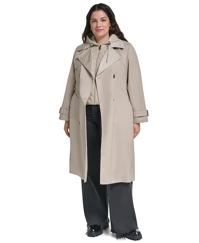 Dkny Women's Double Breasted Belted Trench with Hooded Bib Coat