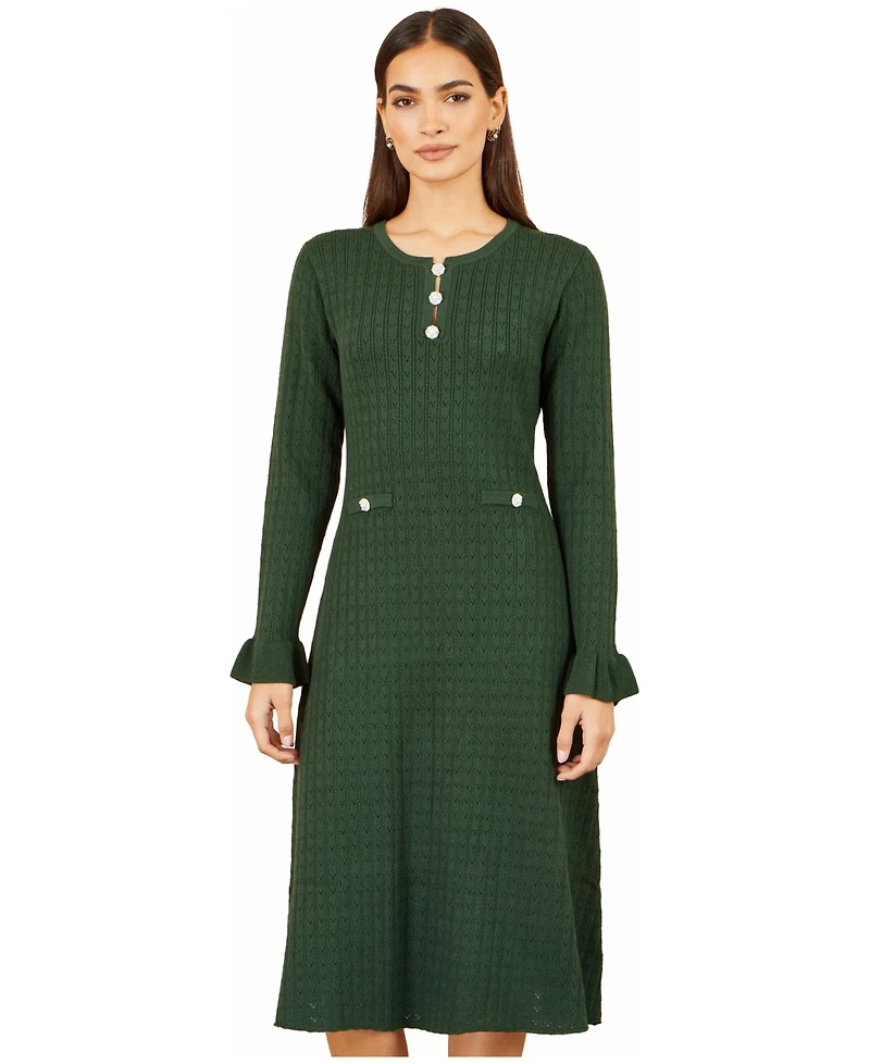 Yumi Women's Long Sleeve Knitted Midi Dress