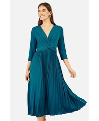 Yumi Women's V-Neck 3/4 Sleeve Pleated Midi Dress