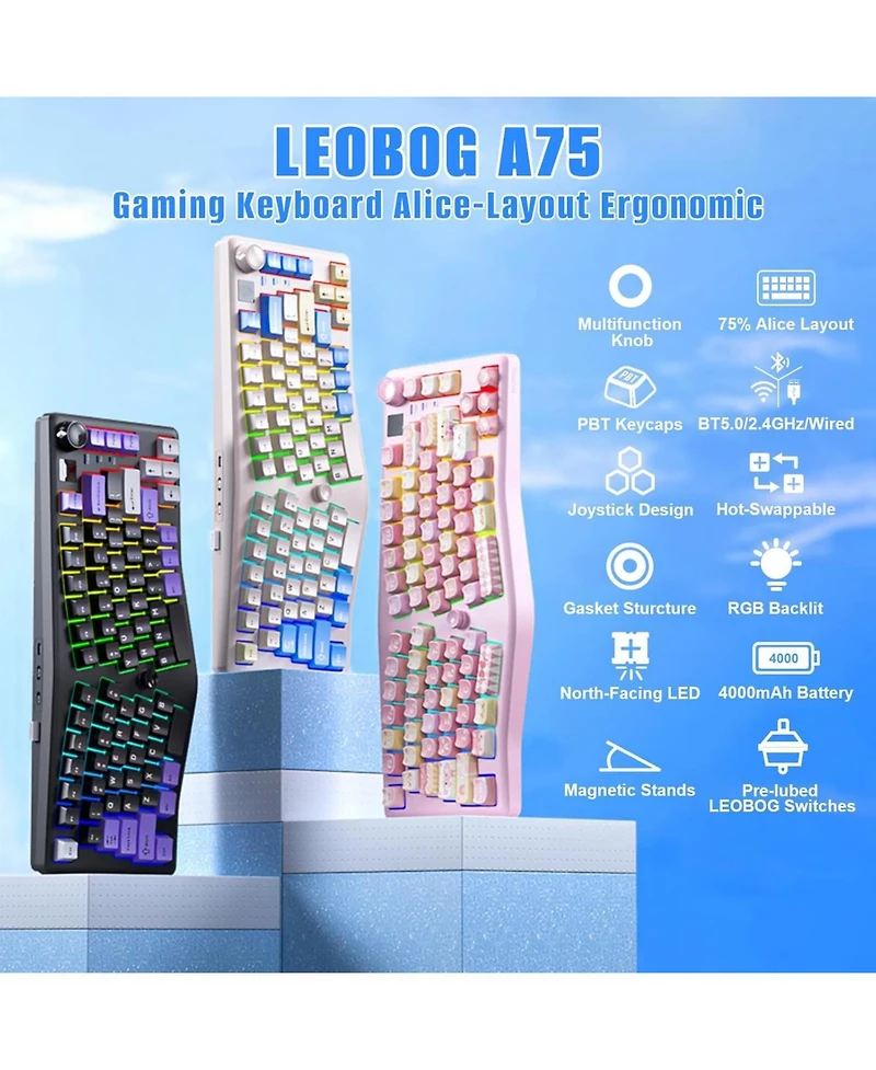 Aula Leobog A75 Alice Layout Mechanical Gaming Keyboard - Tri-Mode Wireless, Ergonomic Gasket Mount, Hot-Swappable