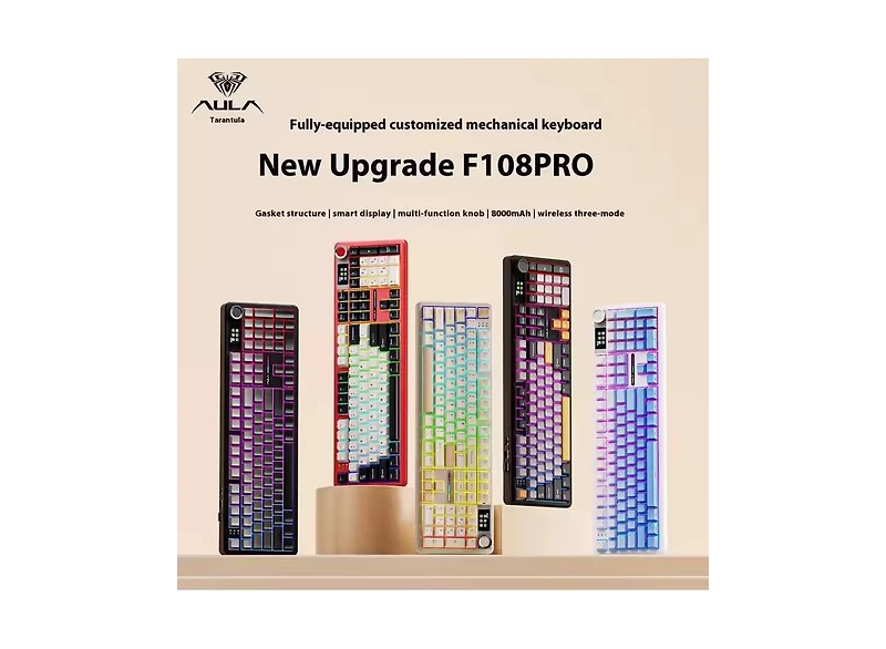 Aula F108 Pro, 104-Key Wireless Hot Swappable Mechanical Gaming Keyboard, Rgb, Knob, 8000 mAH Battery, Digital Screen