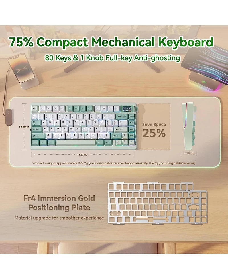Aula Nova75 Tri-Mode Gaming Keyboard - 75% Gasket Layout, Tft Smart Display, 8000mAh Battery, Hot-Swappable