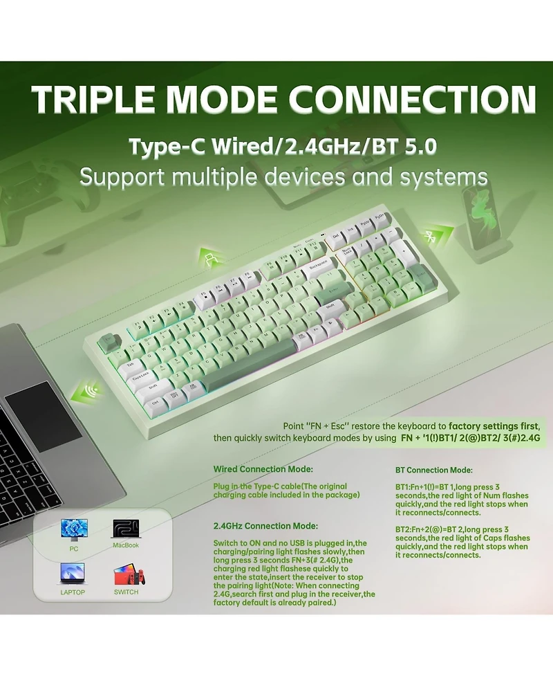 Aula K99 Wireless Gaming Keyboard, Bluetooth Creamy Typewriter Full Rgb Backlit with Number Pad