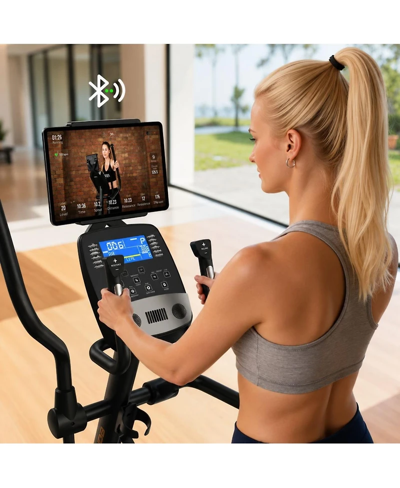 Fed Fitness Yosuda EM2 Elliptical Machine with 20" stride, electromagnetic resistance, ultra-quiet operation, and Bluetooth app control.
