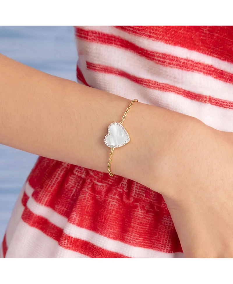 The Lovery Large Mother of Pearl Cz Halo Single Heart Bracelet 14K Gold-Plated Sterling Silver