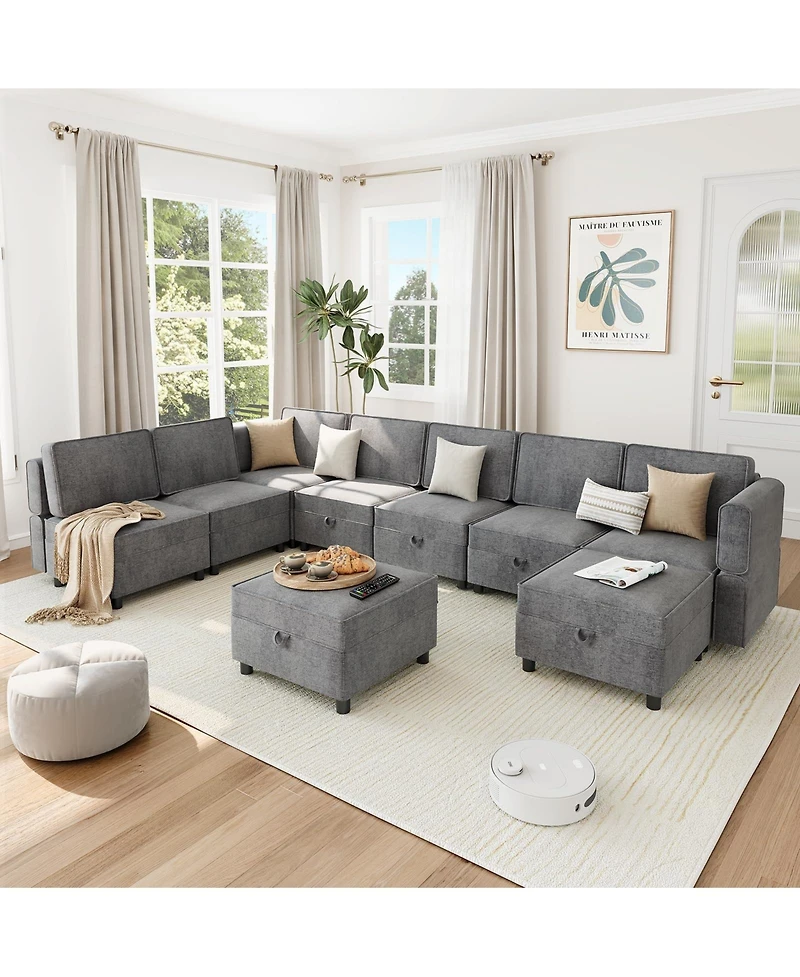 homfan 139.4 inches Chenille Reversible Sectional Sofa, 9-Seater Modular, Comfy Sleeper with Chaise, U-Shape Couch with Storage Seats and Ottomans