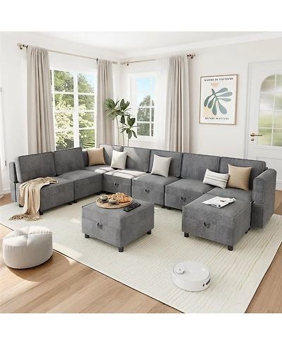 homfan 139.4 inches Chenille Reversible Sectional Sofa, 9-Seater Modular, Comfy Sleeper with Chaise, U-Shape Couch with Storage Seats and Ottomans