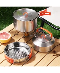 Piscifun 4 Piece 304 Stainless Steel Camping Cookware Set With Frying Pan Pot Kettle And Mesh Bag For Hiking Travel