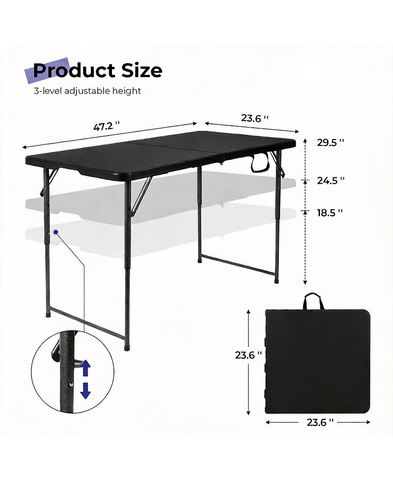 Aofar 4Feet Folding Table Portable Heavy Duty Adjustable Height