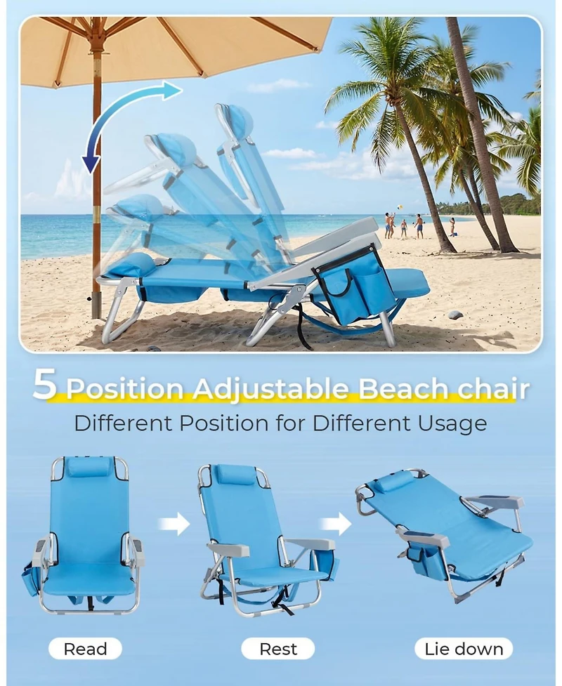 Aofar Beach Chair 5-Level Adjustable With Cooler Storage Bags