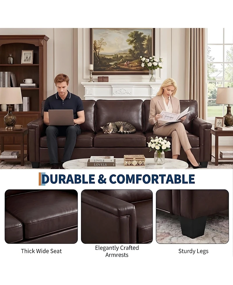homfan 87.8 inch 3 Seater, Modern Faux Leather with 22 Deep Seat, Wide Square Arms, Firm Cushions, Heavy Duty Frame, Easy to Clean for Apartment