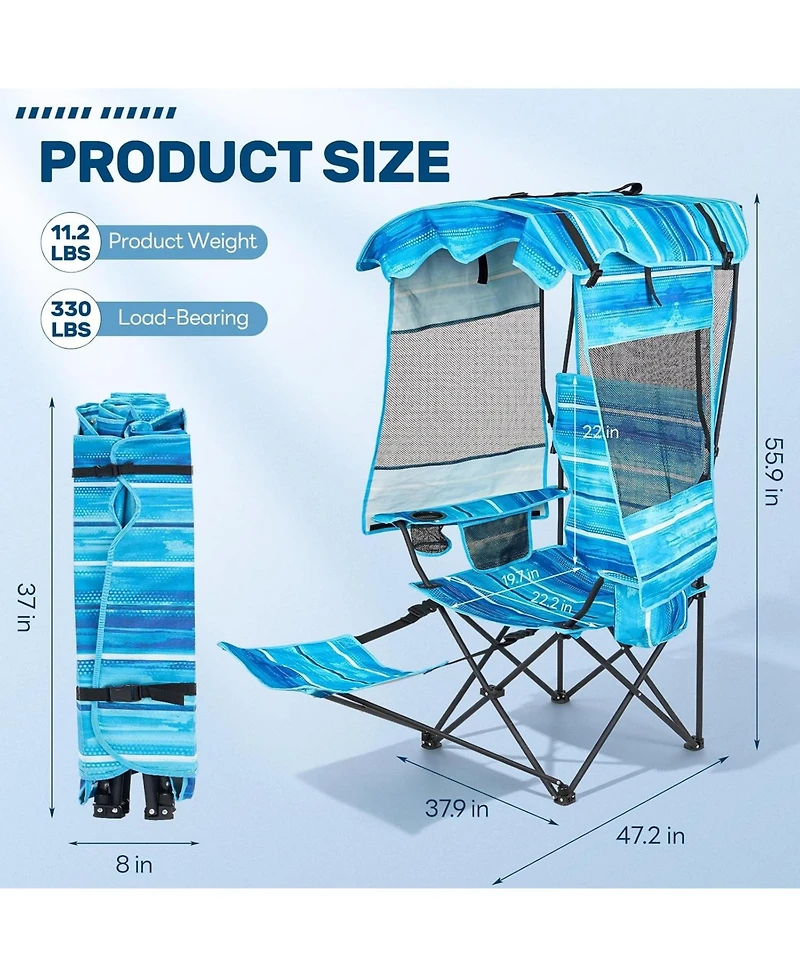 Mooncool Folding Beach Chair Camping with Canopy Shade and Foot Rest Cooler Bag Cup Holder Outdoor