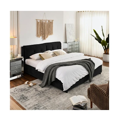 Lucky One King Size Storage Upholstered Hydraulic Platform Bed with Integrated Headboard, Chenille Fabric, No Box Spring Needed