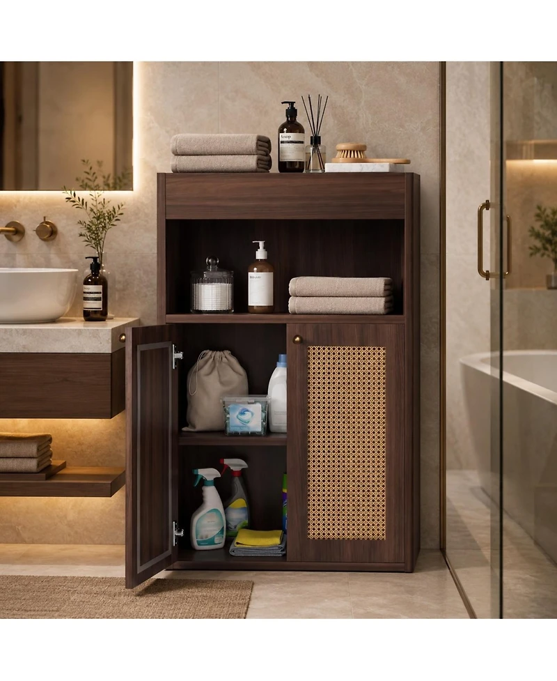 Phying 2 Rattan Doors Freestanding Bathroom Cabinet Adjustable Shelf Floor Storage Organizer with Open Shelving for Home Bathroom Hallway Living Room