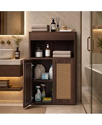 Phying 2 Rattan Doors Freestanding Bathroom Cabinet Adjustable Shelf Floor Storage Organizer with Open Shelving for Home Bathroom Hallway Living Room