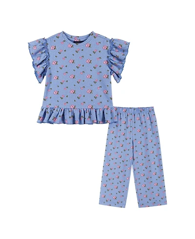 Andy & Evan Little Girls 2T- 7 Floral Print Knit Seersucker Top and Pant Set