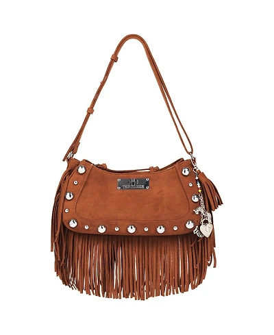 True Religion Vintage Dangle Fringe Hobo Bag with Studded Trim and Charm Accents